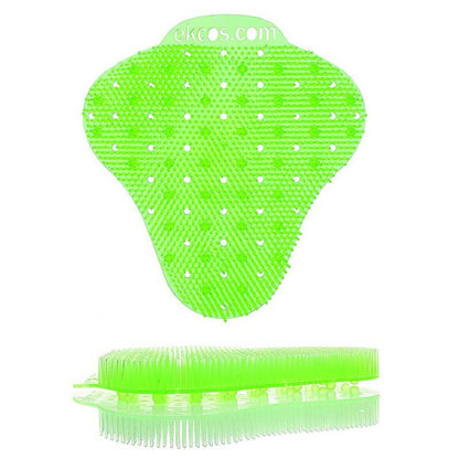 Zářivě zelená Ekcos Ekcoscreen pisoárová podložka - 60+ dní od Diversey Deutschland GmbH & Co. OHG má štětiny, rovnoměrně rozmístěné otvory pro hygienické čištění a nápis "ekcos.com" na horní straně. Zobrazeno zepředu a z boku.