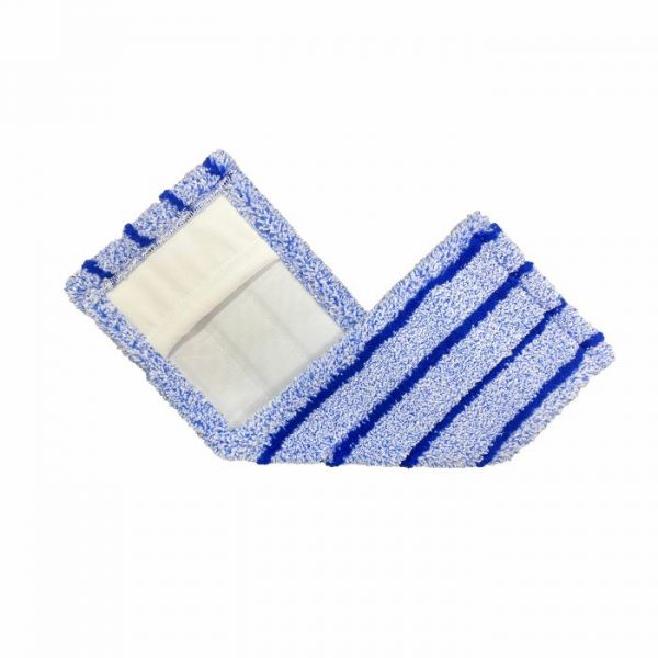 Das Arcora RUNNER BLUE DB - FC MIT DECKBLATT von Arcora International GmbH ist ein rechteckiges blau-weiß gestreiftes Mopppad mit einer Innentasche, perfekt als blauer Läufer für Reinigungsaufgaben im Innenbereich.