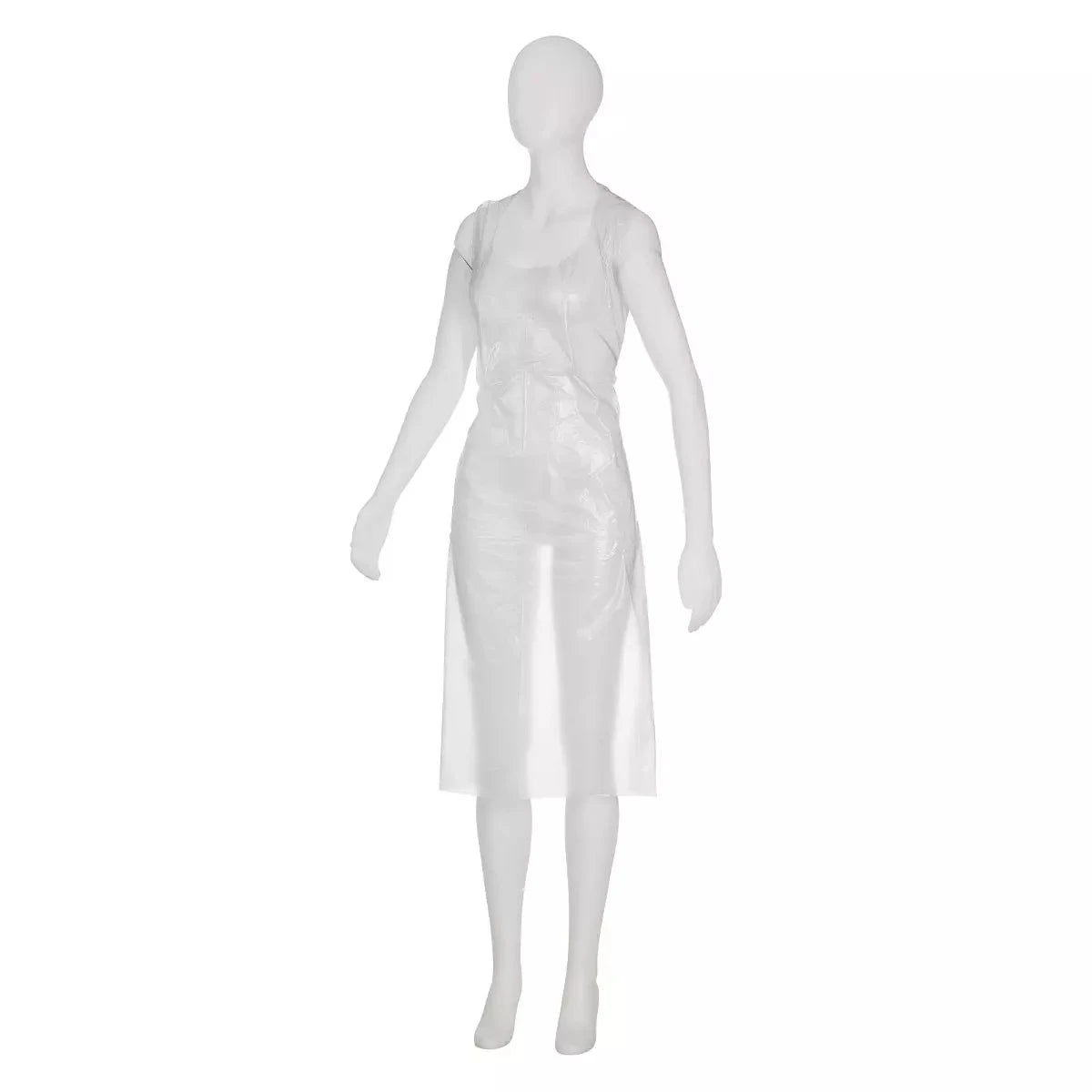 Bílá figurína prezentuje jednorázové zástěry AMPri light, bílé, 75 x 125 cm (balení 100 kusů), průhlednou, bezrukávovou jednorázovou zástěru, která je ideální pro hygienu a zpracování potravin, před jednoduchým bílým pozadím.