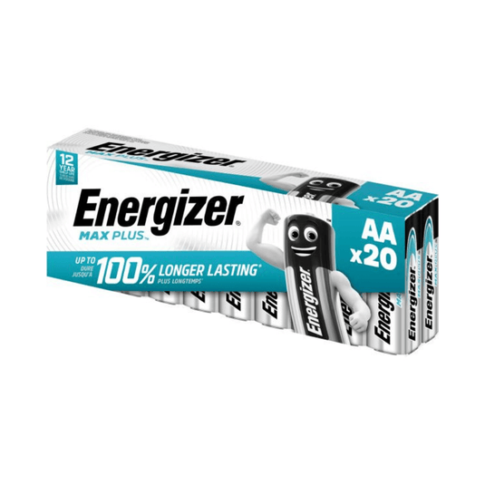 Na obrázku je balení 20 kusů baterií Energizer Max Plus Mignon AA od společnosti Energizer Deutschland GmbH. Na obalu je uvedeno, že baterie mají „o 100 % delší životnost“ a trvanlivost 12 let. Značka „Energizer Max Plus“ je na obalu výrazně vyobrazena spolu s obrázkem postavičky s rukama, což podtrhuje dlouhou životnost a spolehlivost baterie.