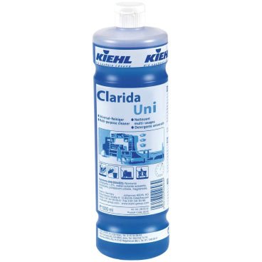 Modrá 1L láhev Kiehl Clarida Uni údržbový čistič 6x1L - Efektivní a šetrný k materiálu od Johannes Kiehl KG, neutrální univerzální čistič, s bílým uzávěrem a etiketou s údaji o produktu a pokyny k čištění.