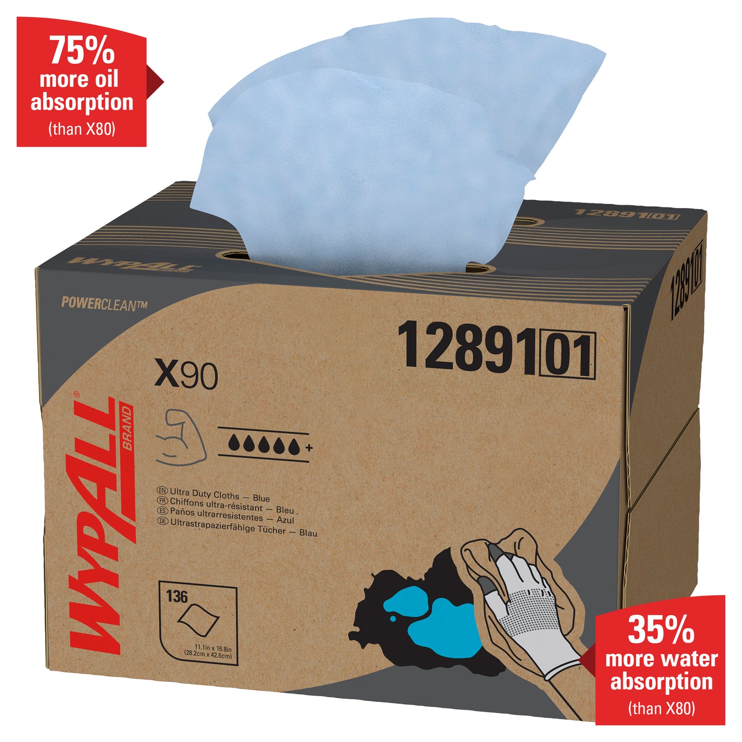 WypAll® X90 PowerClean - BRAG™ Box/Modrá (1 Box x 136 listů) od Kimberly-Clark GmbH absorbuje o 75 % více oleje a o 35 % více vody než X80 - vaše nejlepší řešení pro silné znečištění.