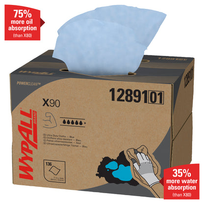 WypAll® X90 PowerClean - BRAG™ Box/Modrá (1 Box x 136 listů) od Kimberly-Clark GmbH absorbuje o 75 % více oleje a o 35 % více vody než X80 - vaše nejlepší řešení pro silné znečištění.