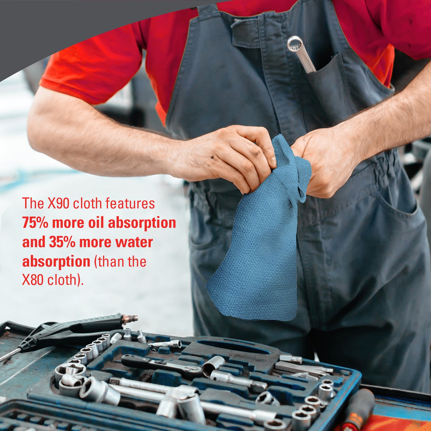 Osoba v pracovním overalu používá modrý WypAll® X90 PowerClean hadřík od Kimberly-Clark GmbH na pracovním stole. Text zdůrazňuje vynikající absorpci oleje a vody ve srovnání s X80, což jej činí ideálním pro každé úklidové řešení. 1 BRAG™ Box obsahuje 136 listů.