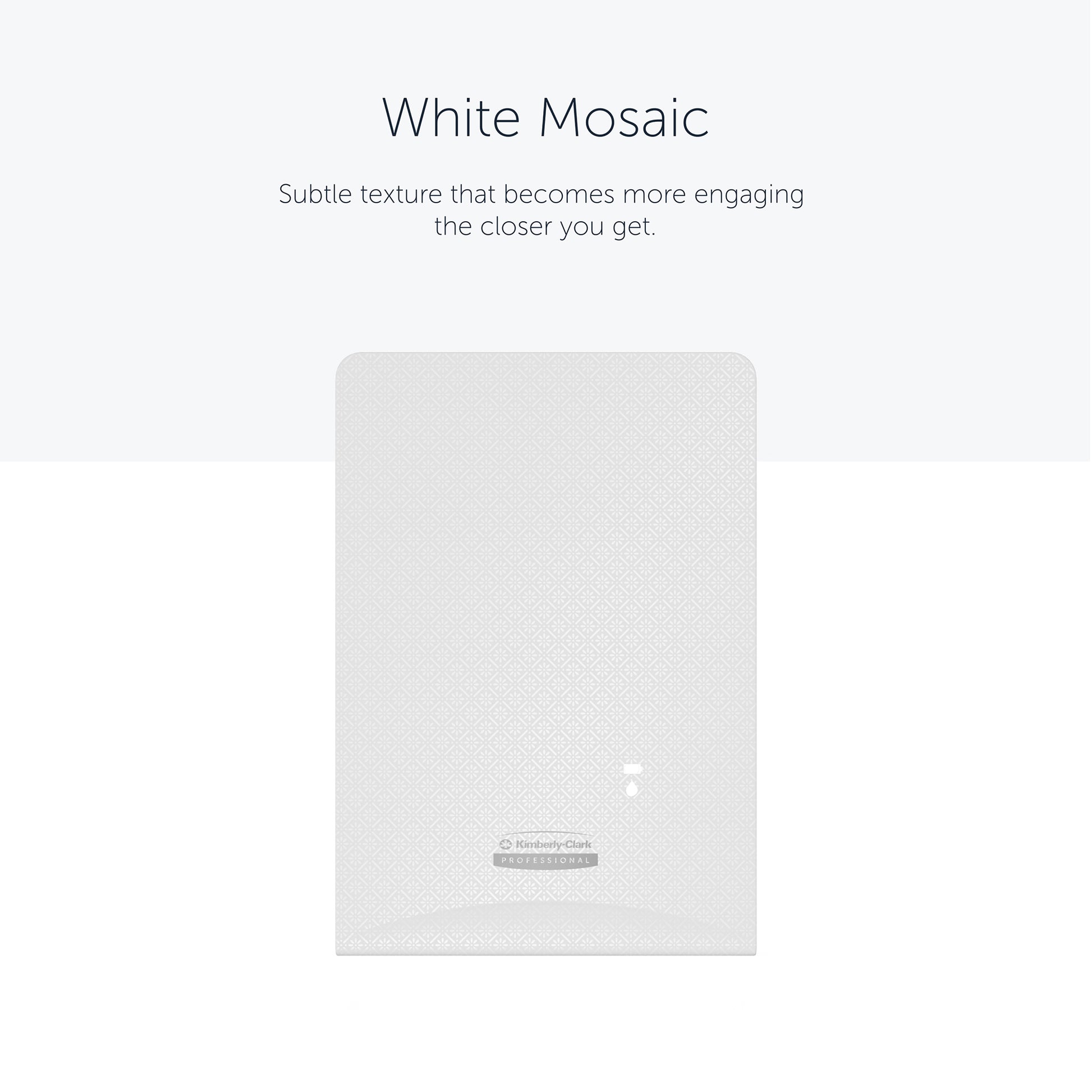 Die rechteckige weiße Kimberly-Clark Professional™ Icon™ Dispenser Faceplate - eSkinCare (20,32x27,30x3,81 cm) der Kimberly-Clark GmbH zeichnet sich durch eine dezente Mosaikstruktur und ein Branding aus, das perfekt in jeden Waschraum passt.