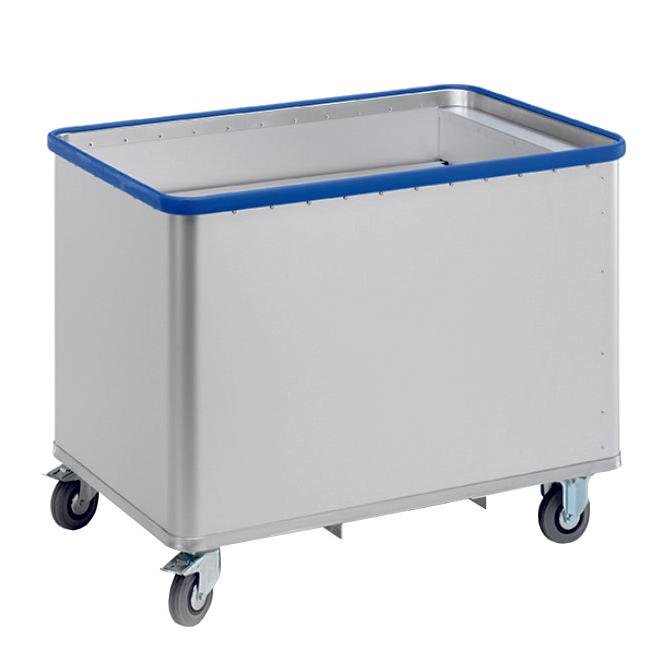 Novocal Federbodenwagen - bez vložky | Balení (1 kus) od Novocal je velký šedý vozík s čtyřmi otočnými kolečky a modrým ochranným okrajem, ideální pro efektivní skladovou logistiku a přepravu zboží v průmyslovém prostředí.