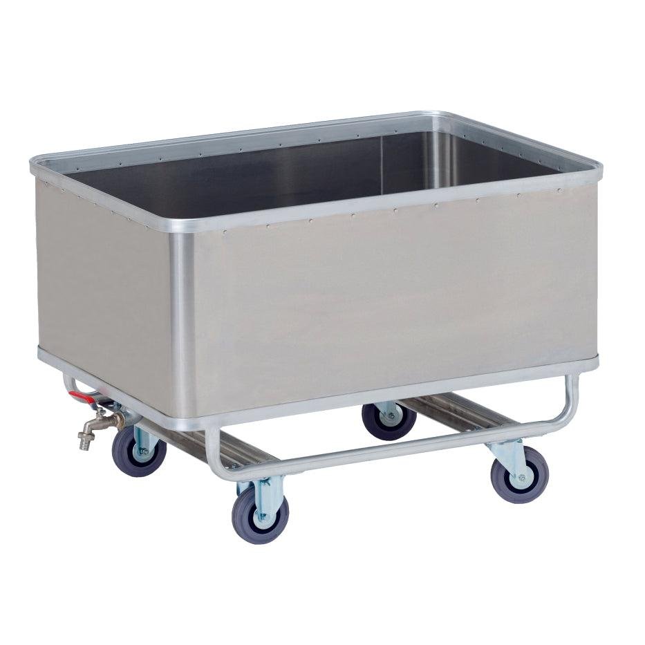 Novocal transportní kontejner je obdélníkový hliníkový, vodotěsný vůz se čtyřmi modrými otočnými kolečky a vypouštěcím ventilem, ideální pro průmyslovou nebo komerční bezpečnou manipulaci s kapalinami. Balení: 1 kus. Značka: Novocal.