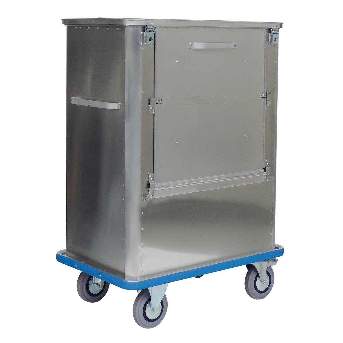 Novocal transportní kontejner z hliníku se sklápěcí přední stěnou, víkem na pantech a úchyty nabízí bezpečnou přepravu zboží v průmyslu nebo medicíně; robustní vozík má čtyři otočná kolečka a modré dno. Balení: 1 kus.