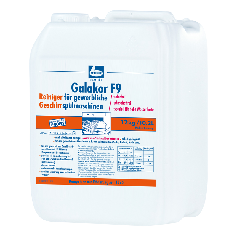 Bílý plastový kanystr o hmotnosti 12 kg od společnosti Dr. Becher GmbH s nápisem "Dr. Becher Galakor F9 mycí prostředek na nádobí", na jehož přední straně jsou vytištěny produktové informace a pokyny v němčině pro komerční myčky nádobí.