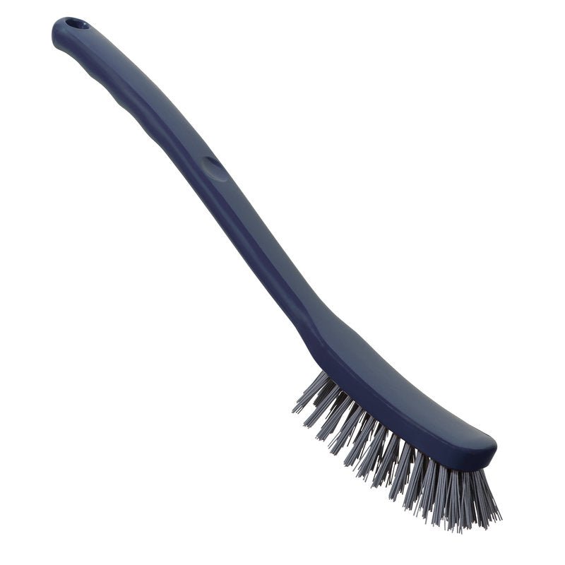 METDEC PREM. UNIVERSALBÜRSTE PBT od Haug Bürsten KG je šedo-modrý čisticí kartáč (296x25x23mm) s dlouhou, zahnutou rukojetí a tuhými štětinami, zobrazený na bílém pozadí.