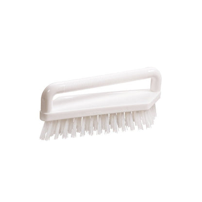 A Haug Bürsten KG SCHEUERBÜRSTE, PBT, 180x48x22mm, tvrdá, z bílého plastu s tuhými štětinami a vodorovnou rukojetí, fotografována na jednobarevném bílém pozadí.