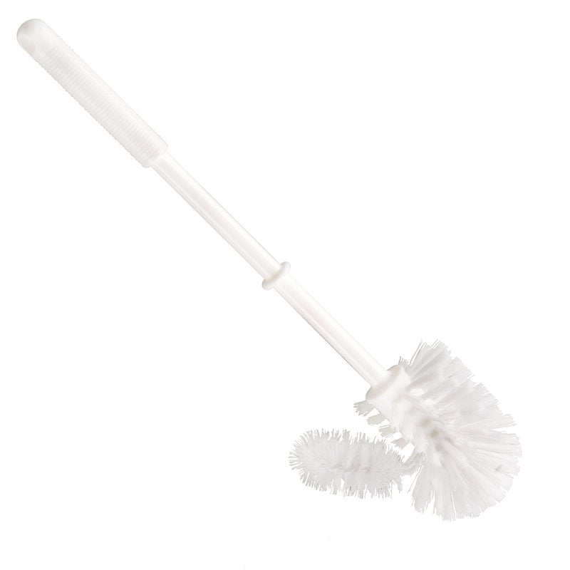 Die Haug Bürsten KG WC-RANDREINIGERBÜRSTE,KLEIN hat steife 0,35mm Borsten, einen abgewinkelten Kopf und einen langen weißen PP-Stiel (365xø75mm), der isoliert auf weißem Hintergrund abgebildet ist.