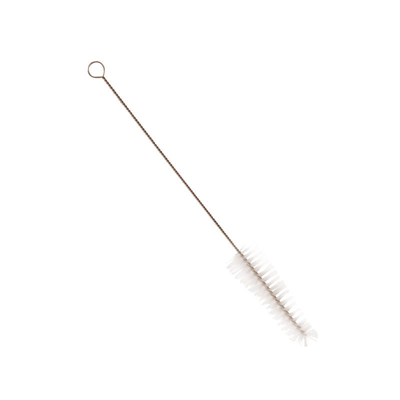 Kartáč na zkumavky, PBT TRANSPAR ø 0,20MM MĚKKÝ 300Xø 35/25MM od Haug Bürsten KG má měkké bílé PBT štětiny a zkroucenou drátěnou rukojeť s okem - ideální pro čištění v laboratoři. Kartáč je izolován na bílém pozadí zobrazen.