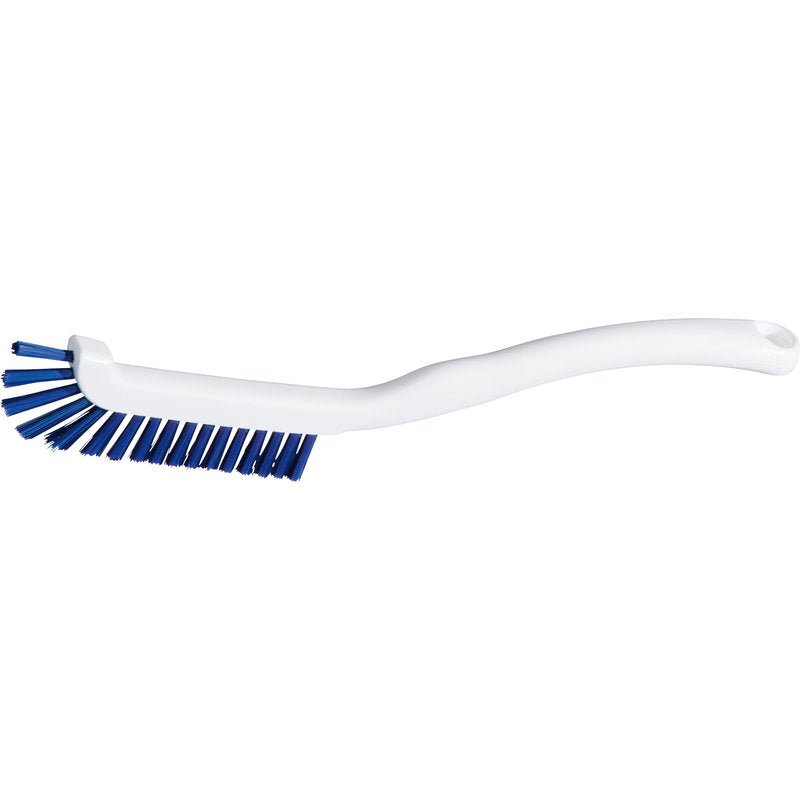 Haug Bürsten KG KLÁVESNICE KARTÁČ má měkké modré PBT štětiny (⌀0,25 mm) a bílou, zakřivenou rukojeť s otvorem pro zavěšení; ideální pro čištění klávesnic. Rozměry: 220x15x19 mm. Zobrazeno na bílém pozadí.
