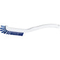 Haug Bürsten KG KLÁVESNICE KARTÁČ má měkké modré PBT štětiny (⌀0,25 mm) a bílou, zakřivenou rukojeť s otvorem pro zavěšení; ideální pro čištění klávesnic. Rozměry: 220x15x19 mm. Zobrazeno na bílém pozadí.