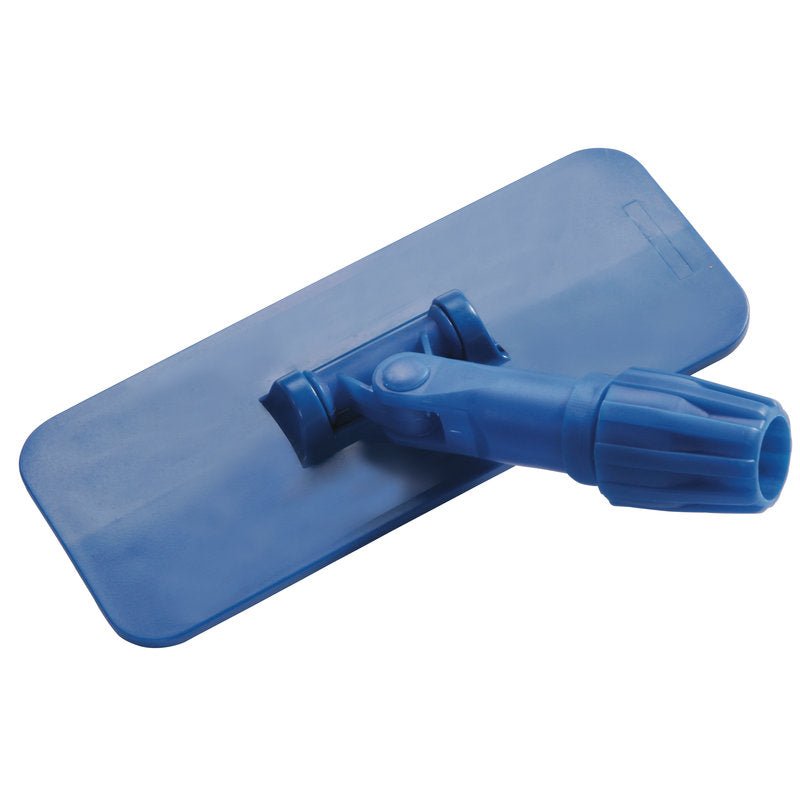 Držák podložky na podlahu Haug Bürsten KG je modrá, obdélníková PP mopová hlava (230x95x55mm) s dvojitým kloubem a závitovou objímkou pro připojení násady, ideální pro čištění podlah; zobrazeno bez podložek na bílém pozadí.