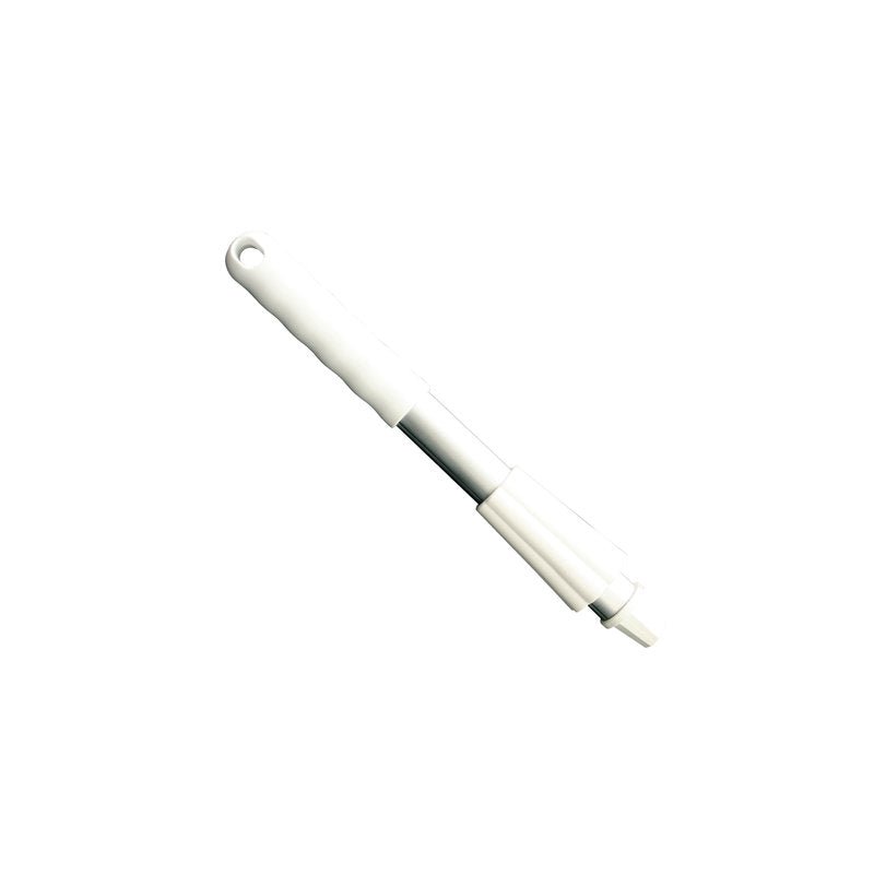 Bílý plastový zubní kartáček s odnímatelnou rukojetí je vybaven krytkou KURZ-ALUSTIEL 300 mm a maticí od Haug Bürsten KG pro zvýšení odolnosti.