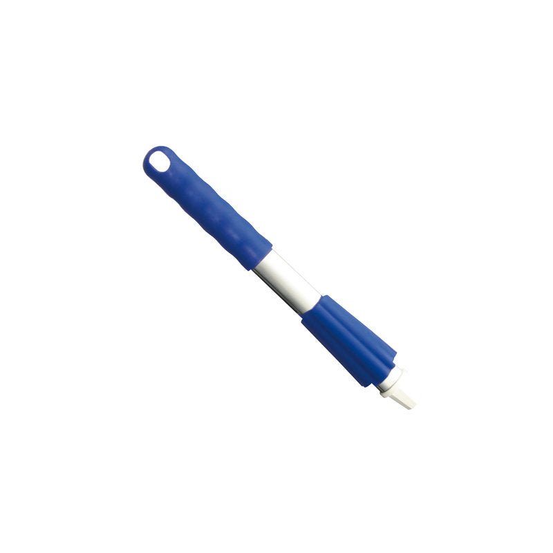 Detailní záběr na čistící kartáč Haug Bürsten KG KURZ-ALUSTIEL, 300MM, s krytkou a maticí, s modrou rukojetí a bílými štětinami. Rukojeť je opatřena otvorem pro zavěšení, vše na jednoduchém bílém pozadí.