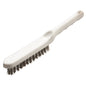 Die Haug Bürsten KG DRÁTĚNÝ KARTÁČ, NEREZOVÝ DRÁT V4A ø 0,30MM TVRDÝ (285x30x26mm) má bílou rukojeť s otvorem na zavěšení a husté štětiny - ideální pro čištění kovů. Zobrazeno na jednobarevném bílém pozadí.