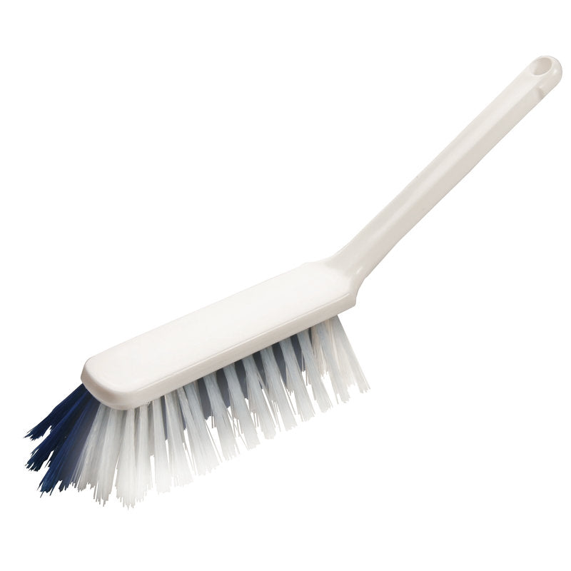 Der HANDBESEN,PBT HART+WEICH ø 0,50/0,25MM (310x40x45/50MM) von Haug Bürsten KG hat steife weiße und dunkelblaue Borsten und einen weißen Stiel, ideal für die gründliche Reinigung und ist auf weißem Hintergrund abgebildet.