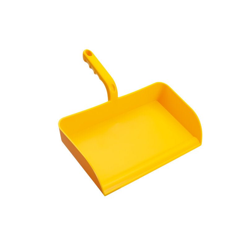 VELKÁ LOPATKA od Haug Bürsten KG z žlutého PP, bez okraje (325x330x100 mm), má zvýšenou rukojeť a zkosené strany a je vyobrazena na bílém pozadí.