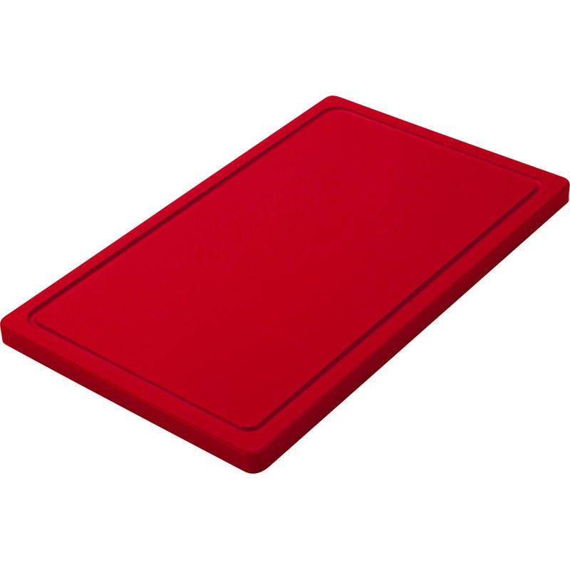 Prkénko KLEIN od Haug Bürsten KG z červeného PE s protiskluzovým povrchem, zaoblenými hranami a plochou obvodovou drážkou (500x300x20mm) je zobrazeno na bílém pozadí.