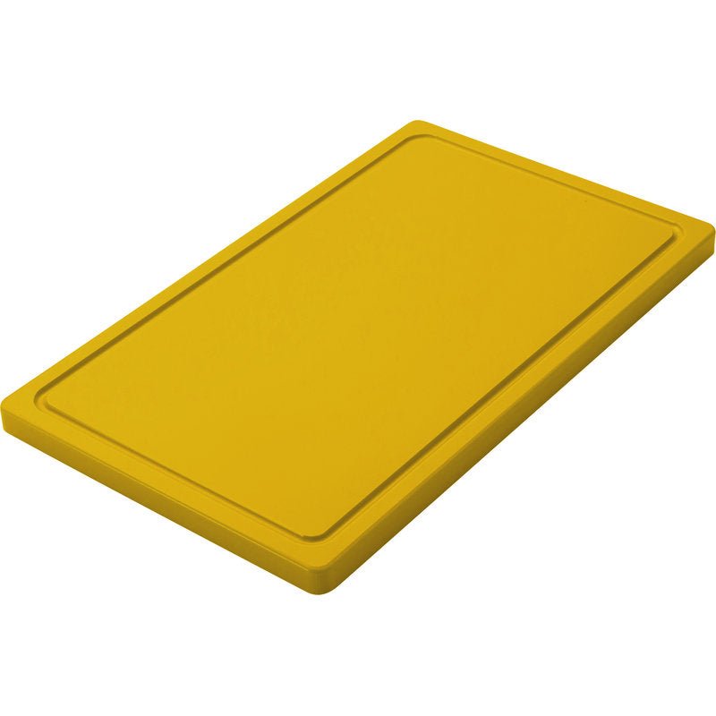 Obdélníkové žluté prkénko KLEIN (500x300x20mm, PE, protiskluzové) od Haug Bürsten KG je zobrazeno na bílém pozadí. Má drážku blízko okraje pro další funkčnost.