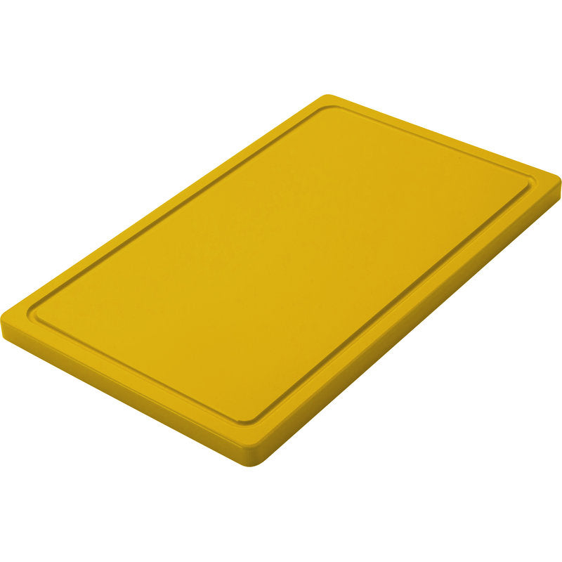 Ein rechteckiges gelbes SCHNEIDEBRETT KLEIN (500x300x20mm, PE, rutschfest) der Haug Bürsten KG ist auf weißem Grund abgebildet. Es verfügt über eine Rille in der Nähe des Randes für zusätzliche Funktionalität.