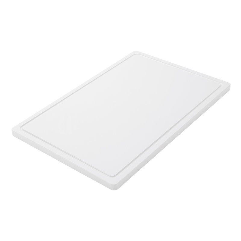 Das Haug Bürsten KG SCHNEIDEBRETT GROß, PE, RUTSCHFEST, 600X400X20MM je velké, obdélníkové, bílé prkénko s protiskluzovým povrchem a zvýšeným okrajem, které je nakloněné před bílým pozadím - ideální pro každodenní použití v kuchyni.