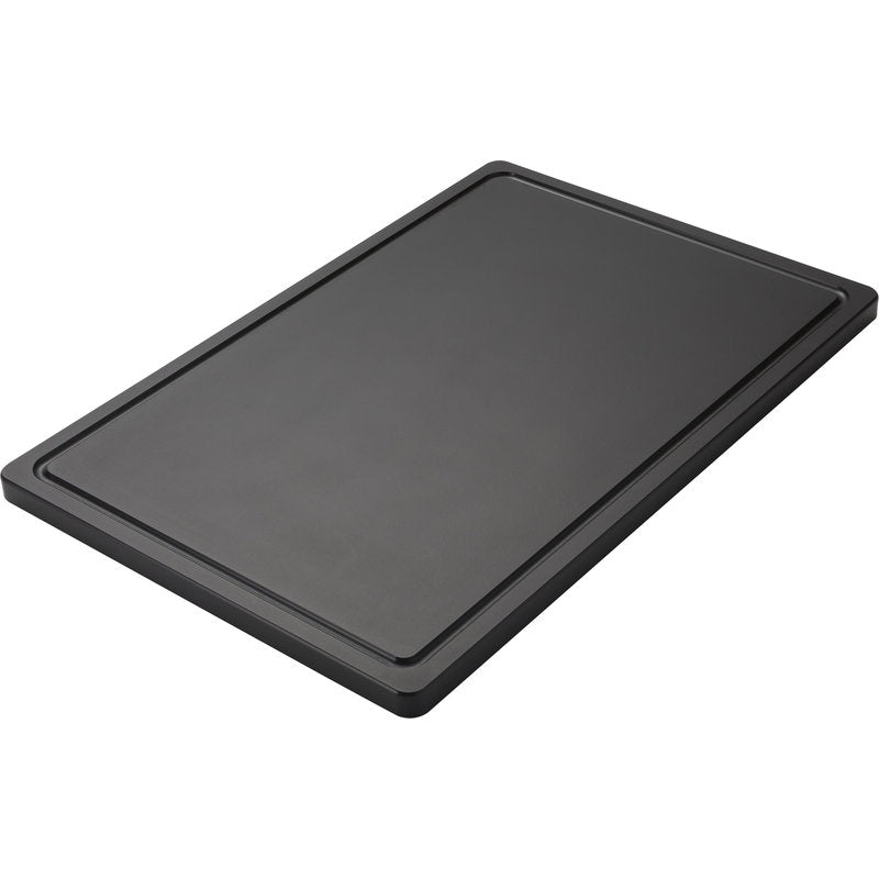 Das SCHNEIDEBRETT GROß od Haug Bürsten KG z polyethylenu (600x400x20mm), protiskluzové a s obvodovou drážkou na šťávu, je zobrazeno v obdélníkové formě na bílém pozadí.