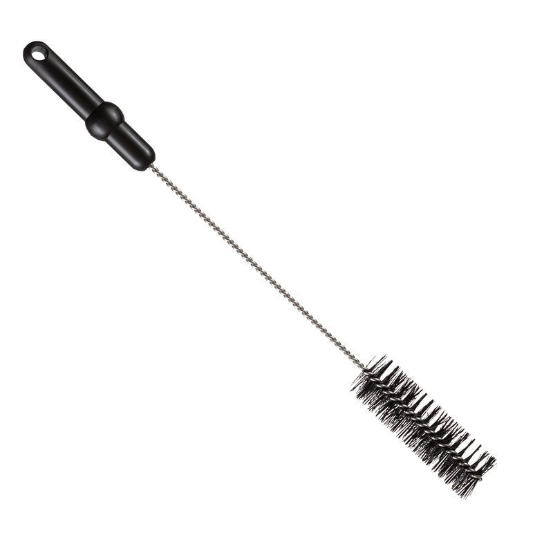 ROHRBÜRSTE, ø 0,50MM STŘEDNÍ, 500Xø40MM od Haug Bürsten KG má černou plastovou rukojeť, zkroucený kovový dřík a husté válcové černé štětiny - ideální jako čisticí kartáč na trubky. Zobrazeno izolovaně na bílém pozadí.