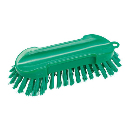 Kulatý KARTÁČ NA MYTÍ od Haug Bürsten KG má tvrdé štětiny z PBT tvrdého, zakřivenou zelenou plastovou rukojeť a měří 205x65x30mm, zobrazený na bílém pozadí.