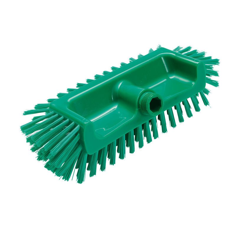 ECKENSCHRUBBER ø0,50MM MITTEL (320x125x40-50mm) od Haug Bürsten KG je zelená, pravoúhlá hlavice kartáče s pevnými bočními a spodními štětinami, ideální pro čištění těžko dostupných rohů a disponuje centrálním závitovým otvorem pro upevnění násady.