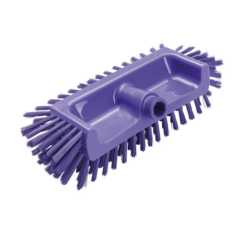 ECKENSCHRUBBER ø0,50MM MITTEL od Haug Bürsten KG (320x125x40-50mm) je fialový hranatý kartáč s pevnými okrajovými štětinami a centrálním závitovým otvorem - ideální pro čištění těžko dostupných rohů. Fotografie na bílém pozadí.