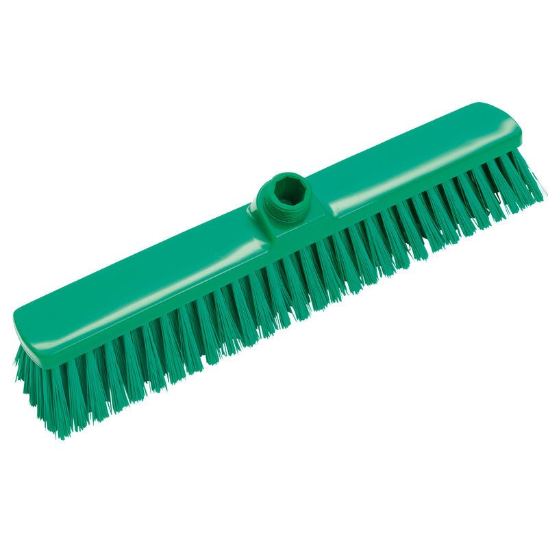 GROßRAUMBESEN, 400X60X50MM od Haug Bürsten KG je zelená hlava koštěte s tuhými, rovnými štětinami a centrálním otvorem pro násadu - ideální pro zametání velkých ploch a čištění podlah.