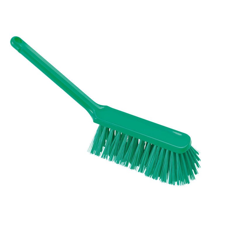 RUKÁVKA ø 0,50MM, TVRDÁ (310x40x45MM) od Haug Bürsten KG je zelený plastový kartáč s tvrdými štětinami a dlouhou rukojetí, která je zobrazena šikmo na bílém pozadí.