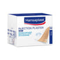 Balení 100 náplastí Hansaplast Soft Injektionspflaster (4 x 1,9 cm) od Beiersdorf AG pro citlivou pokožku, vyrobeno z hypoalergenního materiálu. Dodává se v bílé a modré krabičce s vícejazyčným textem a obrázkem náplasti.