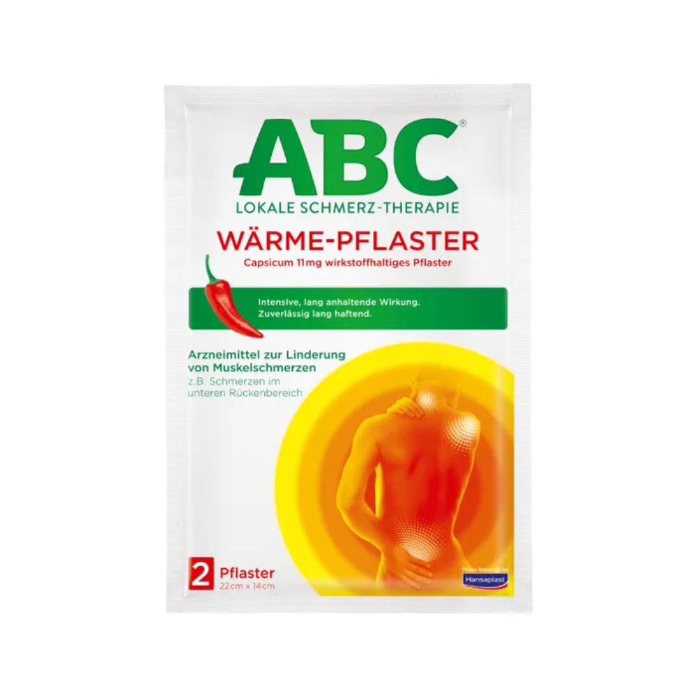 Balení Hansaplast ABC® hřejivých náplastí Capsicum (2 kusy) od Beiersdorf AG s diagramem lidských zad s tepelným zářením z dolní části zad. Text poukazuje na to, že se jedná o lokální terapii bolesti a Capsicum obsahuje pro úlevu od svalových bolestí. Velikost balení je 22 cm x 14 cm.