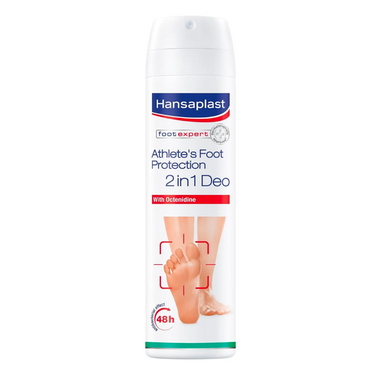 Bílá aerosolová dóza Hansaplast Ochrana proti plísním na nohou 2v1 deodorant ve spreji s octenidinem od společnosti Beiersdorf AG.