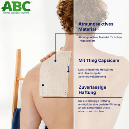 Osoba s kudrnatými vlasy je zobrazena zezadu, jak si aplikuje Hansaplast ABC® hřejivou náplast Capsicum na rameno pro úlevu od svalových bolestí. Obrázek obsahuje německý text popisující vlastnosti produktu jako prodyšný materiál, obsah 11 mg Capsicum a spolehlivou přilnavost. Tento produkt je od Beiersdorf AG a je dodáván ve dvojbalení.