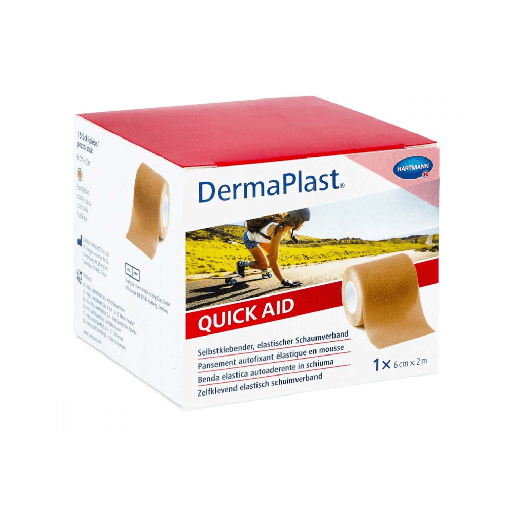 Obal produktu pro samolepicí pěnový obvaz Hartmann DermaPlast® Quick Aid, 6 cm x 2 m, od společnosti Paul Hartmann AG. Obal zobrazuje obrázky obvazu a běžkyně, která ho používá na svém koleni.