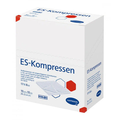 Balení Hartmann ES-Komprese 17-vrstvé, 12-násobné, sterilní od Paul Hartmann AG, zdravotnický produkt, s detaily o sterilních, složených gázových kompresích o rozměrech 10 cm x 10 cm, v krabici s 25 kusy
