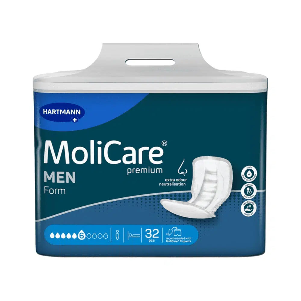 Balení MoliCare Premium Form MEN vložky v modro-bílé barvě, 6 kapek (32 kusů) od Paul Hartmann AG, zobrazené s produktovým obrázkem, symboly a textem, který zdůrazňuje dodatečnou neutralizaci zápachu a pH neutrální pro pokožku mužů.