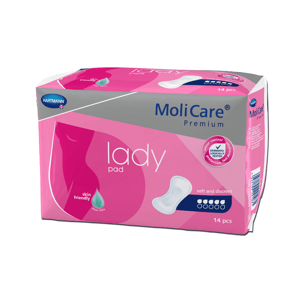 Balíček vložek Hartmann MoliCare® Premium Lady Pad s 14 kusy. Obal je růžový a fialový a má bílý symbol kapky, který naznačuje, že je pro lidi s lehkou inkontinencí přátelský k pokožce. Text na obalu obsahuje „měkké a diskrétní“ a logo „Paul Hartmann AG“ v levém horním rohu.
