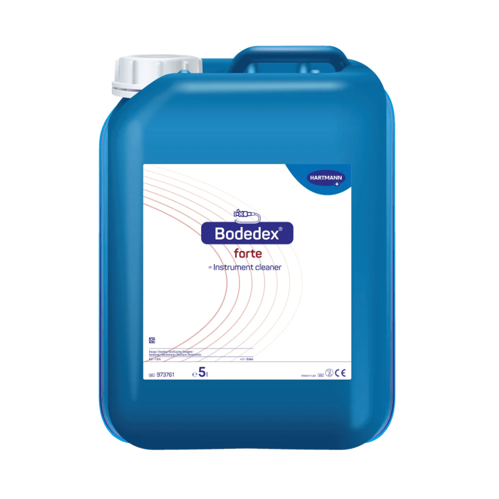 Modrý plastový kanystr s nápisem „Hartmann Bodedex® forte čistič nástrojů“ od společnosti Paul Hartmann AG, s označením hladiny a vícejazyčnými popisy produktu.
