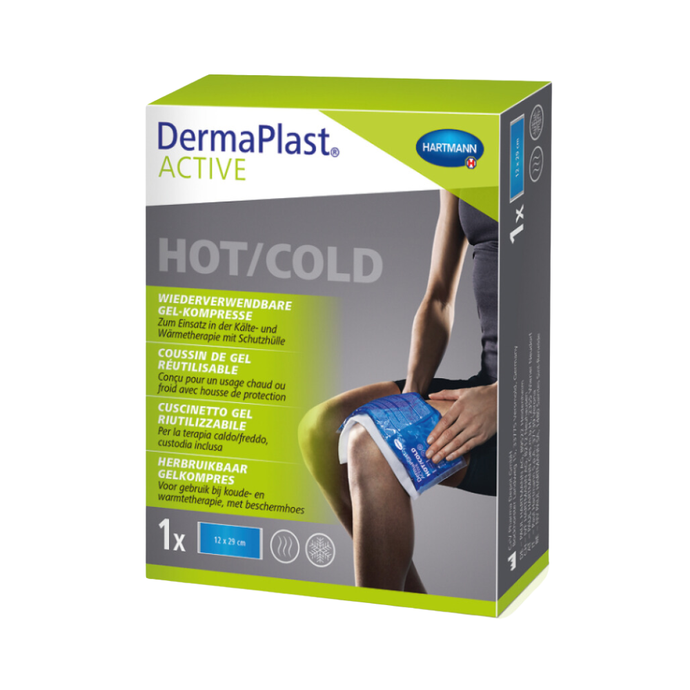 Balení Hartmann DermaPlast® ACTIVE Hot/Cold, gelový obklad od Paul Hartmann AG, s obrázkem osoby, která si obklad přikládá na stehno. Krabička obsahuje text v několika jazycích, který zdůrazňuje