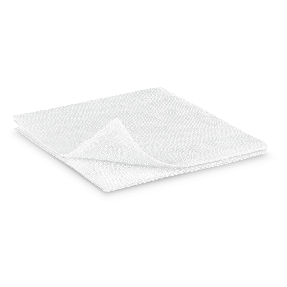 Bílý strukturovaný mikrovláknový čisticí hadřík, čistě složený a umístěný na jednoduchém bílém pozadí v Hartmann ES-kompresích v papírovém sáčku, 17 vláken, 12-vrstvý, nesterilní od Paul Hartmann AG.