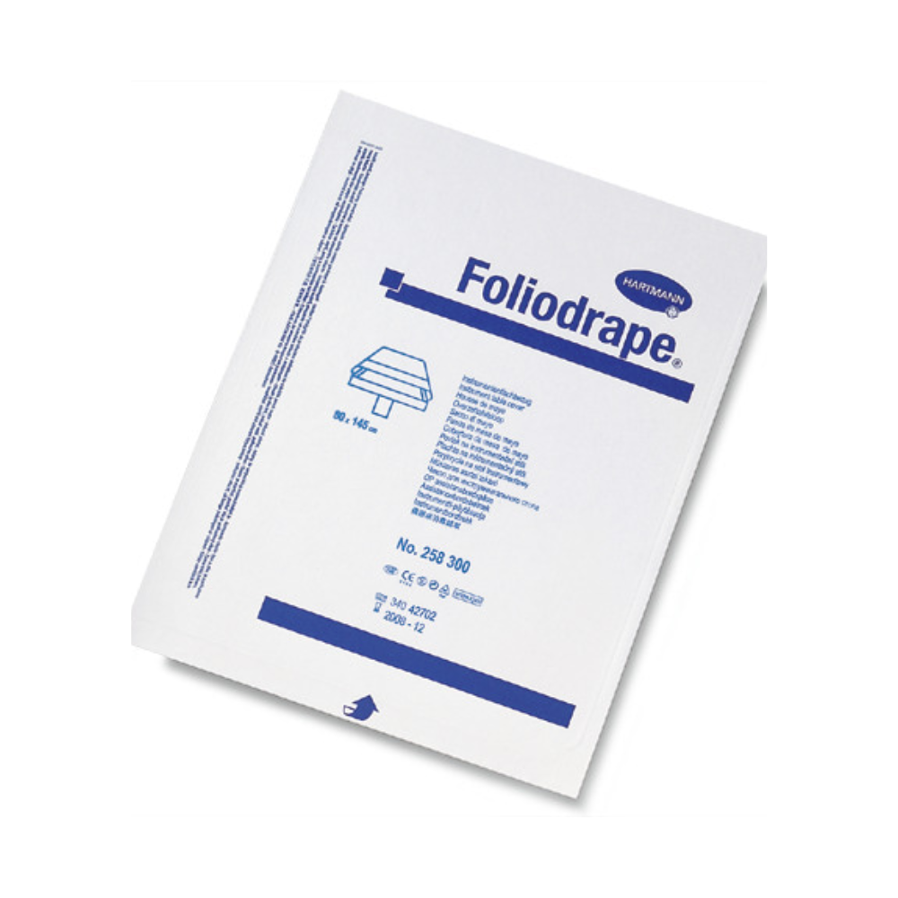 Uzavřené balení Hartmann Foliodrape® potahů na instrumentální stoly od společnosti Paul Hartmann AG s modrým textem a grafikou na bílém pozadí, obsahující informace o produktu a identifikační číslo „250 390“.