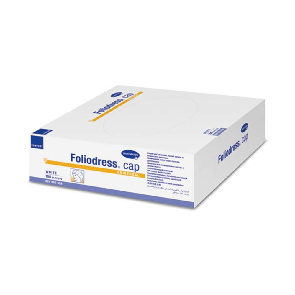 Uzavřená bílo-modrá krabice s nápisem „Paul Hartmann AG Foliodress® Cap „universal“ Comfort OP-čepice bílá“ obsahuje netkané čepice a na straně text s podrobnými vlastnostmi produktu.