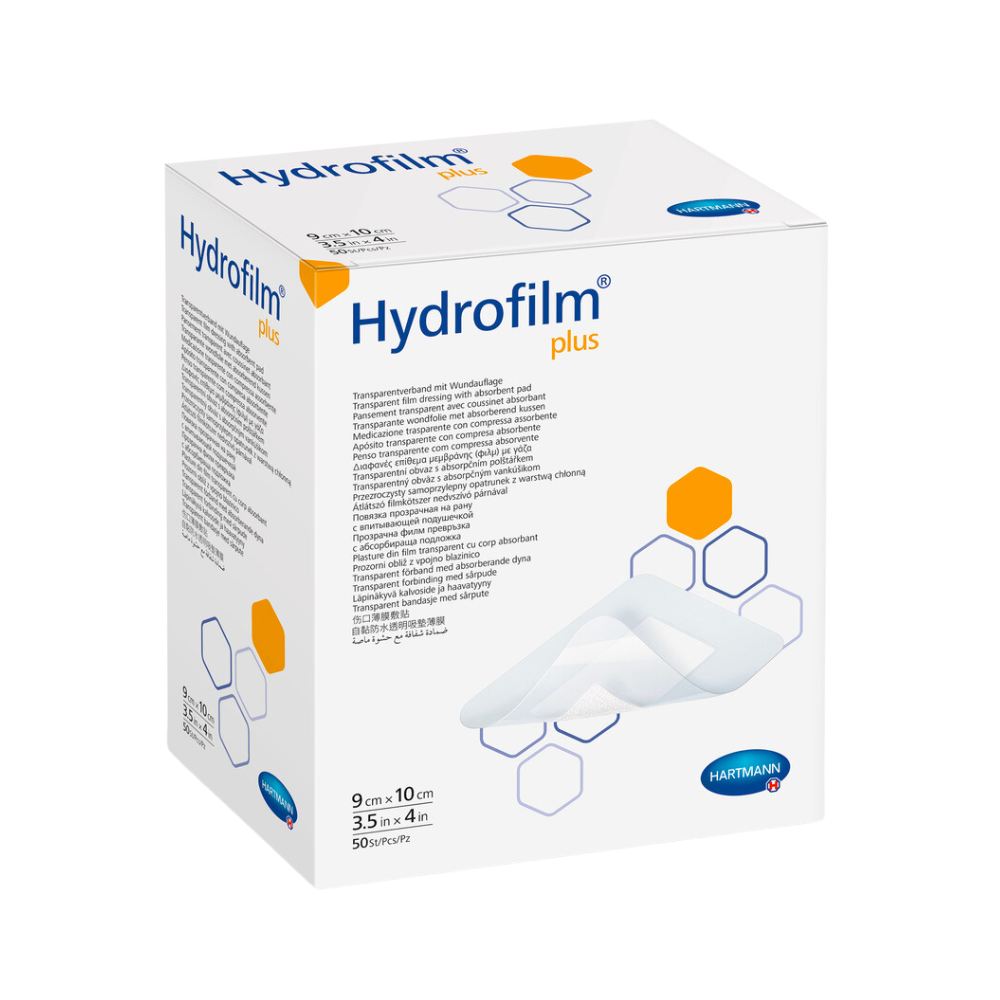 Krabice s obvazy Hartmann Hydrofilm® Plus průhledný obvaz od společnosti Paul Hartmann AG, s popisem produktu a detaily, prezentována s obrázkem obvazů na straně.